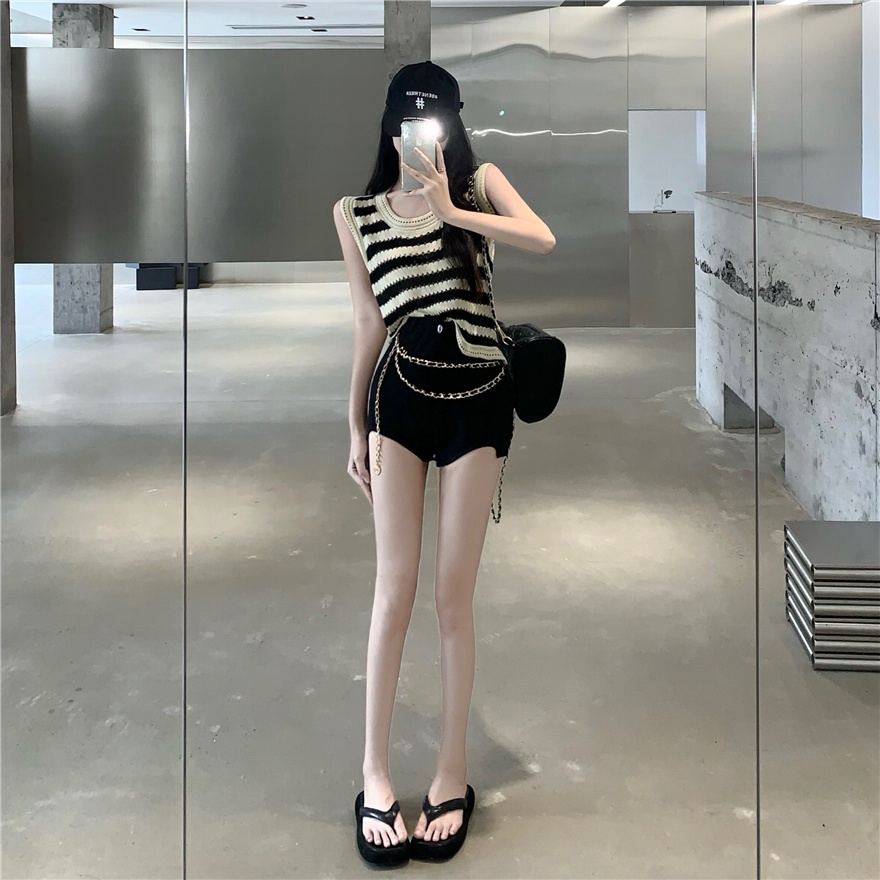 LALISAS Áo Len Không Tay Họa Tiết Kẻ Sọc Thời Trang Hàn Quốc Dễ Phối Đồ Cho Nữ