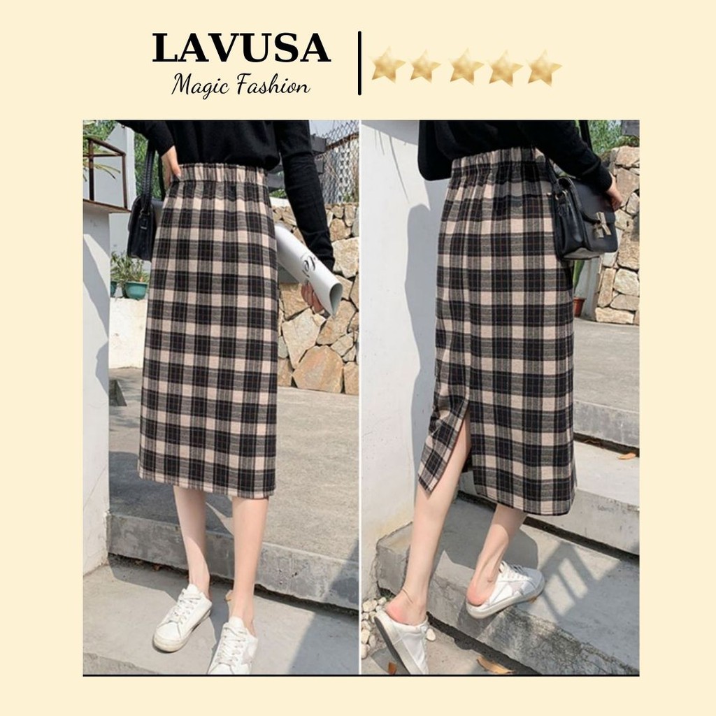 CHÂN VÁY DẠ KẺ ULZZANG DÁNG DÀI XINH XẮN DỄ THƯƠNG LAVUSA (ảnh thật/sẵn/video)