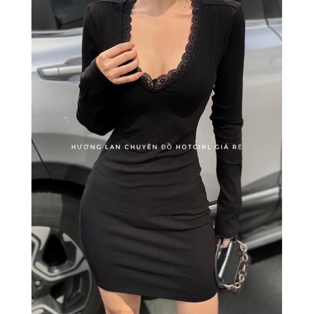 0003 - Đầm body nữ hở lưng chất vải thun gân len 4 chiều viền ren cổ V gợi cảm FreeSize - Hương Lan shop
