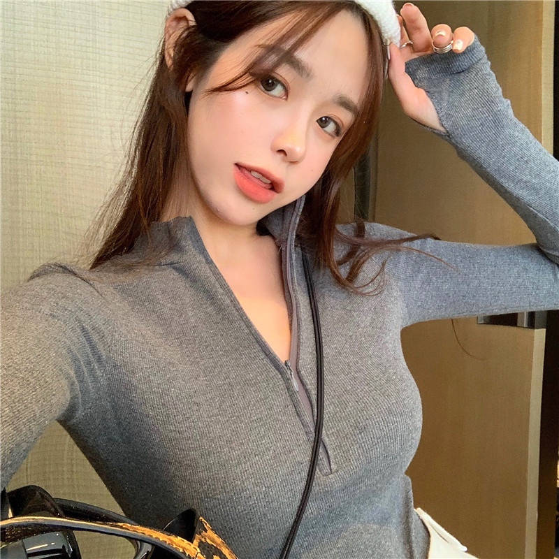 QKOOLE  Áo thun tay dài cổ cao có khóa kéo thời trang Hàn Quốc trẻ trung dành cho nữ