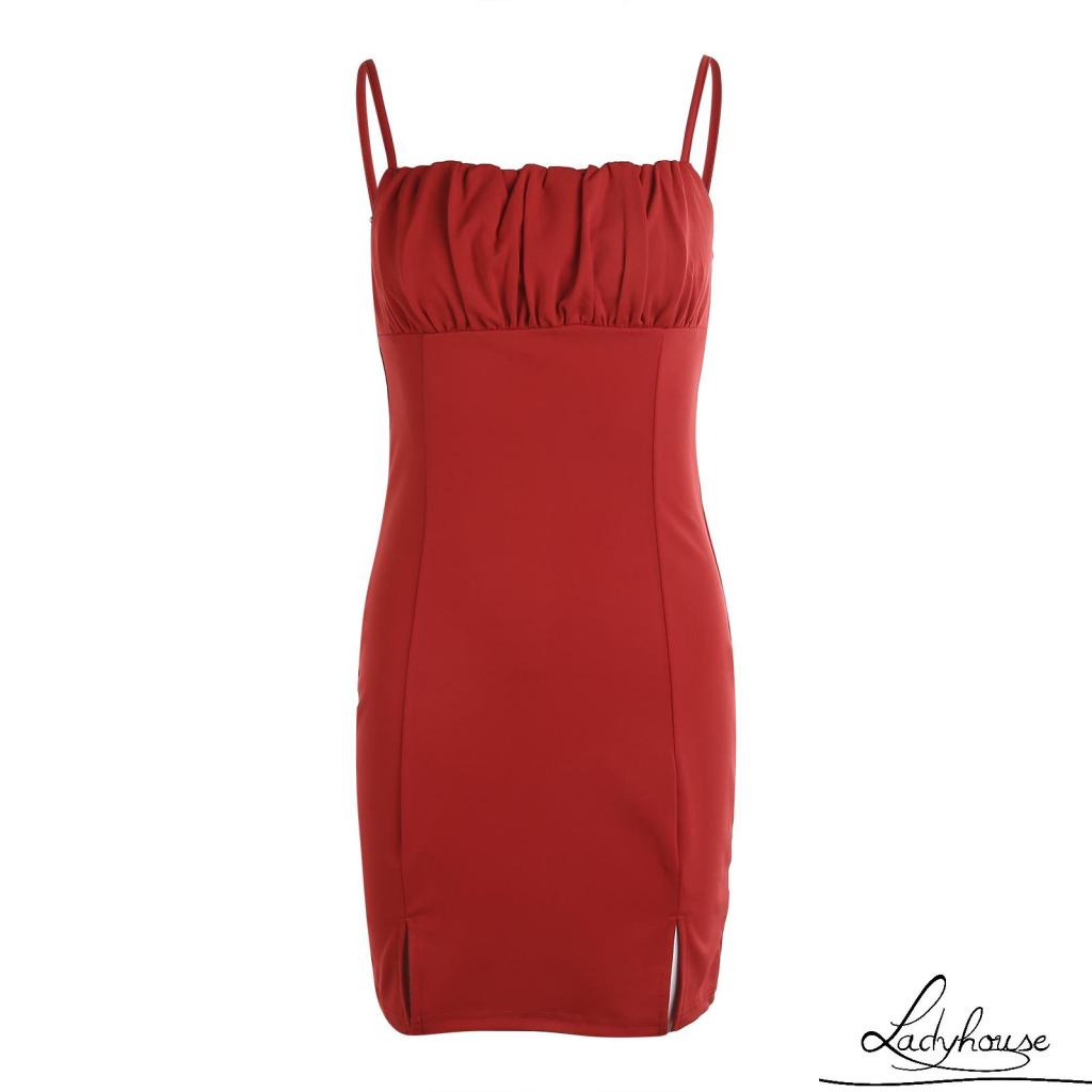 Đầm hai dây xẻ tà màu trơn thời trang cho nữ