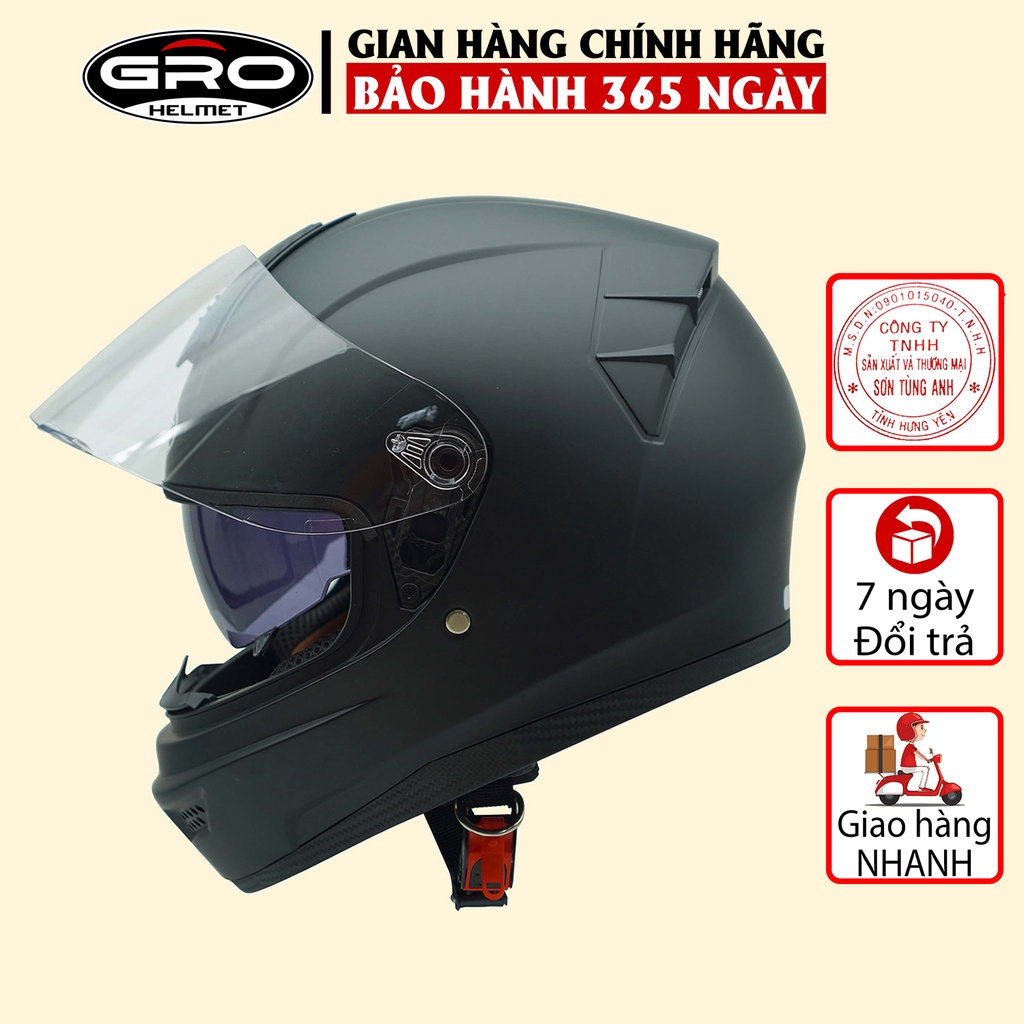 Mũ Bảo Hiểm Fullface Gro Helmet chính hãng, thiết kế 2 kính, kiểu dáng mạnh mẽ cho nam - Đen Nhám