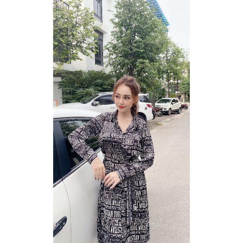 Váy sơ mi họa tiết túi hông vnxk