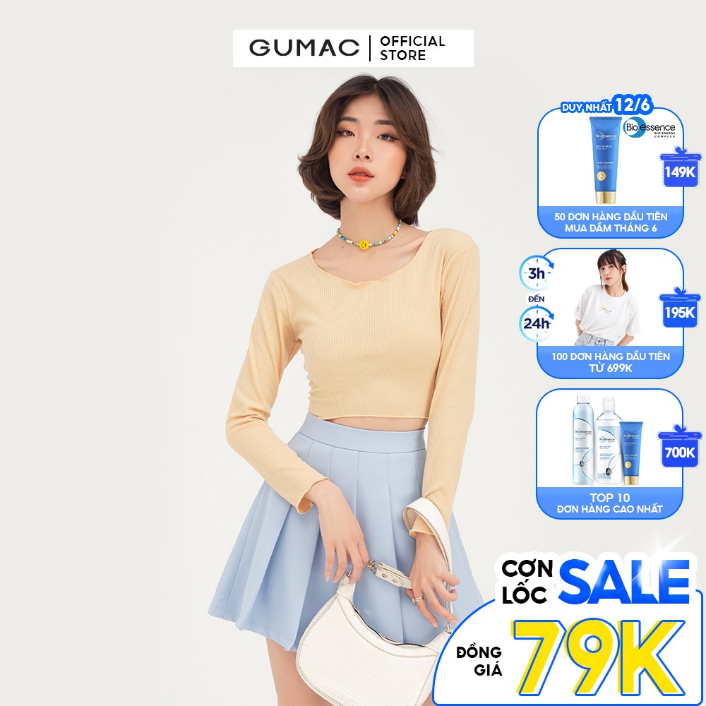 Áo thun nữ croptop tay dài GUMAC họa tiết sọc ngang ôm body ATB412