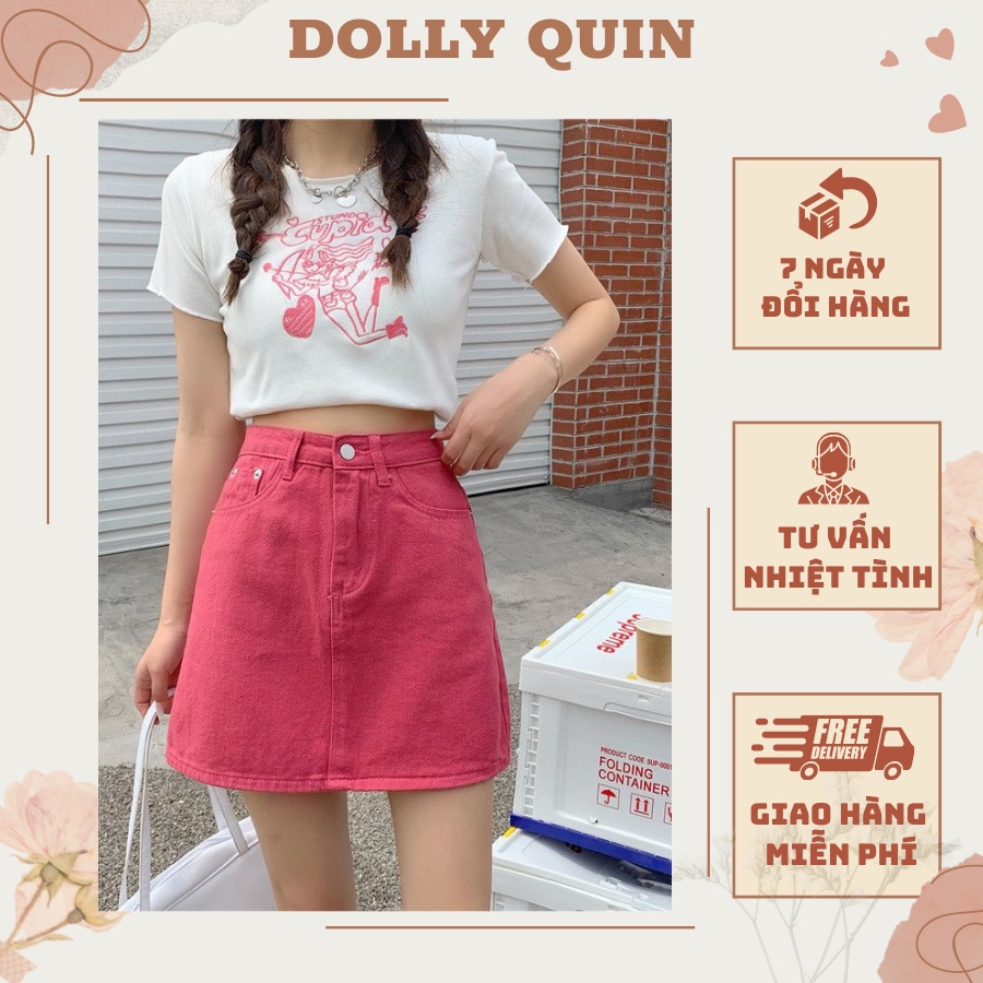 Chân Váy Bò Chữ A Nữ Ngắn Lưng Cao Chân Váy Jeans Cạp Cao Nữ Tính Màu Hồng Tôn Da