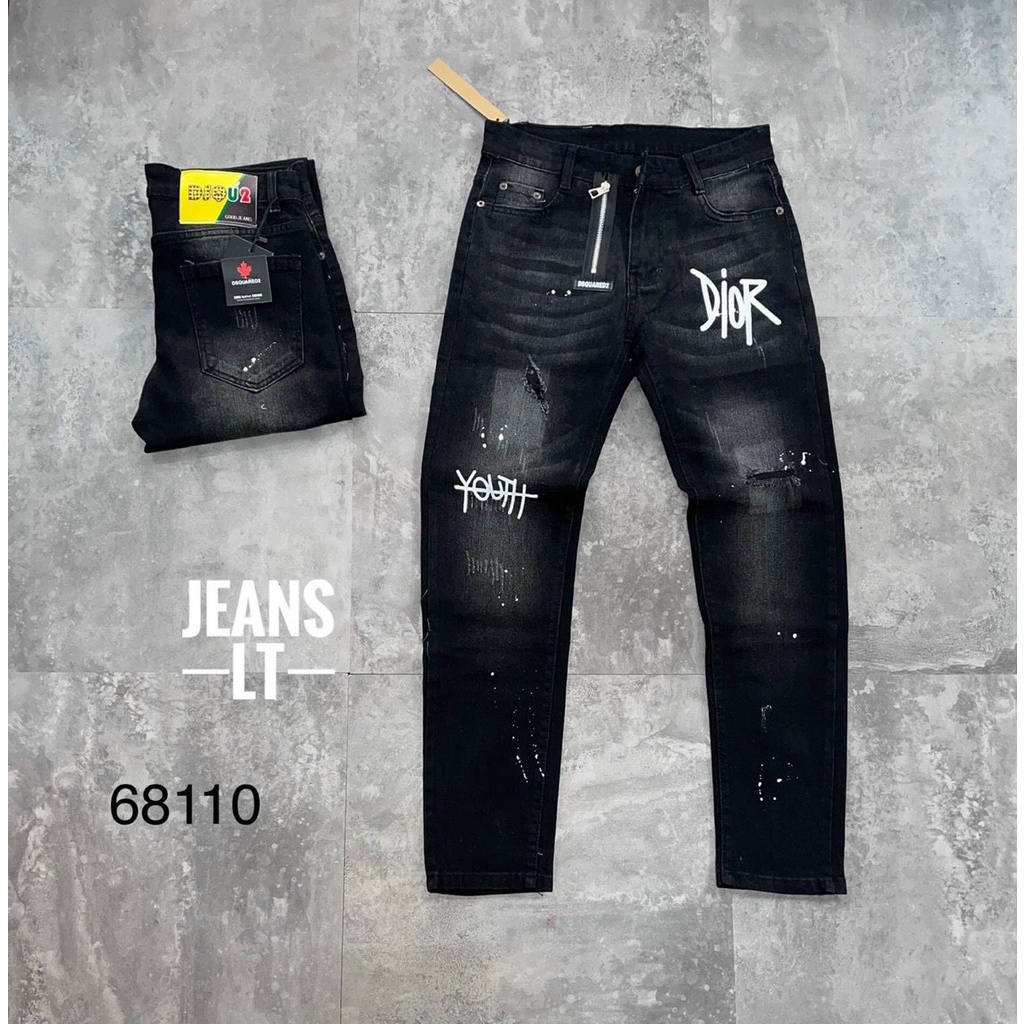 Quần jean nam dài cực chất đẹp màu đen rách sướt vẩy sơn cực chất chuẩn thời trang phối dây kéo lệch và chữ phong cáchh
