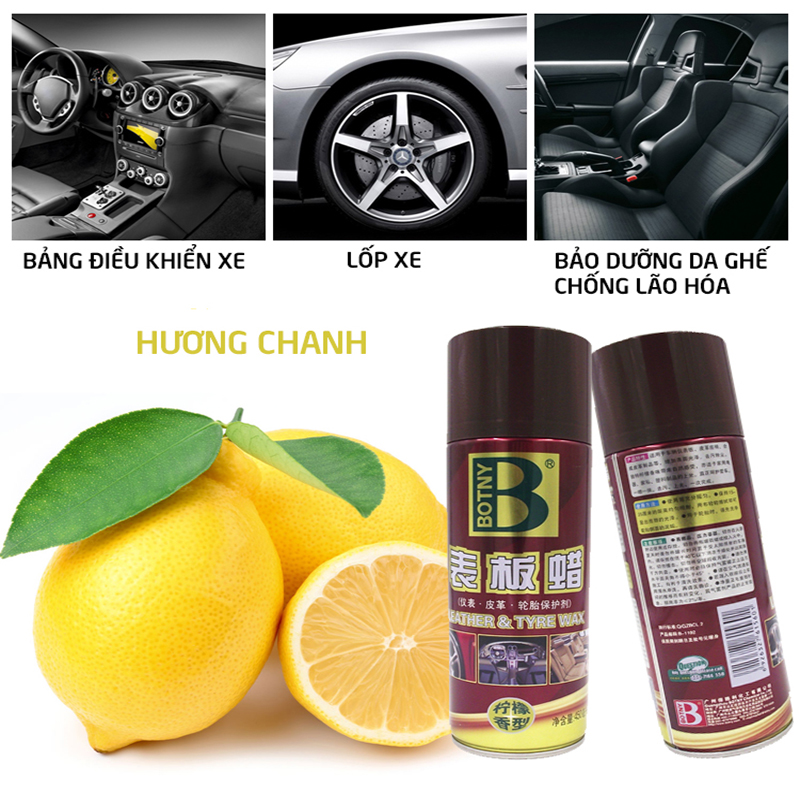 BOTNY Leather &amp; Tyre wax 450ml,Dung dịch bảo dưỡng nội thất chai xịt làm sạch và dưỡng bóng da ghế, ti-B-1192