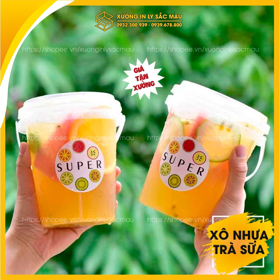 ♞▩♙HOT 10 Xô nhựa đựng trà sữa, nước ép 700ml - 1000ml kèm nắp và quai xách