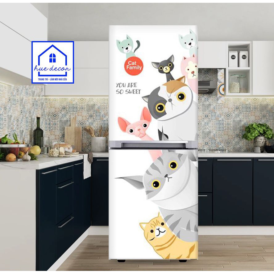 Decal chuyên dụng dán tủ lạnh -máy lạnh - máy giặt siêu đẹp Gia đình mèo HUE DECOR-siêu bền đủ kích thước