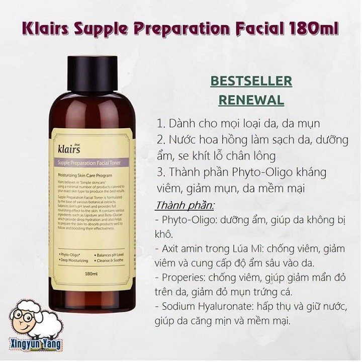 Nước hoa hồng cân bằng da Klairs Supple Preparation Toner Klairs cho da nhạy cảm 180ml Auth Hàn Quốc