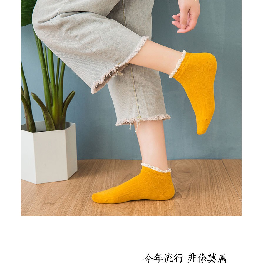 Tất nữ Cổ thấp Viền ren Dễ thương Lolita Màu trơn Cổ thuyền Nhật Bản Vớ cổ thấp nữ Cổ thuyền Cute