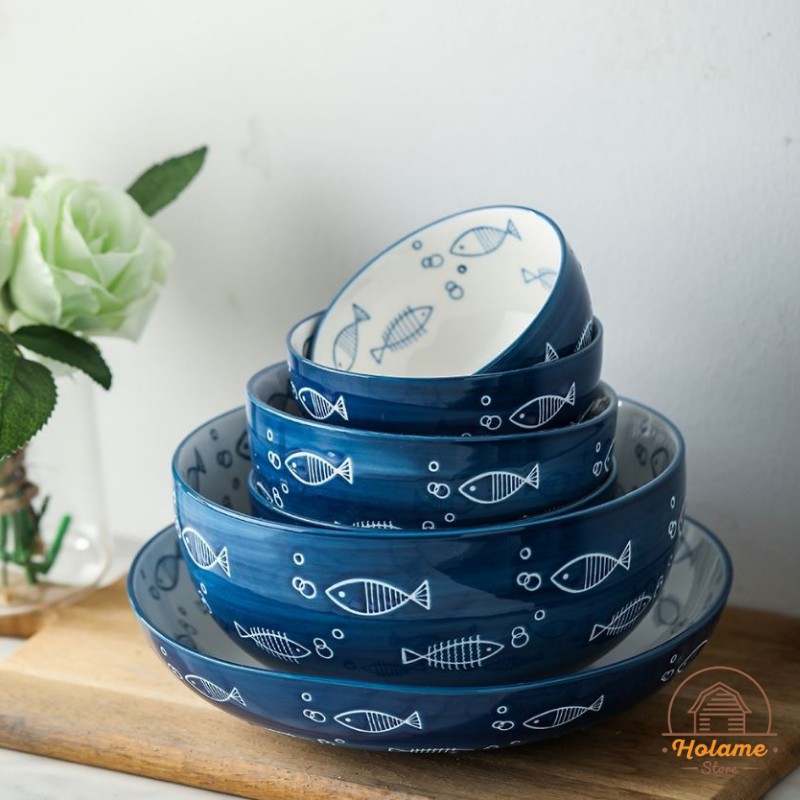 Bát đĩa sứ đẹp họa tiết cá xanh đáng yêu , bát đĩa lẻ Holame