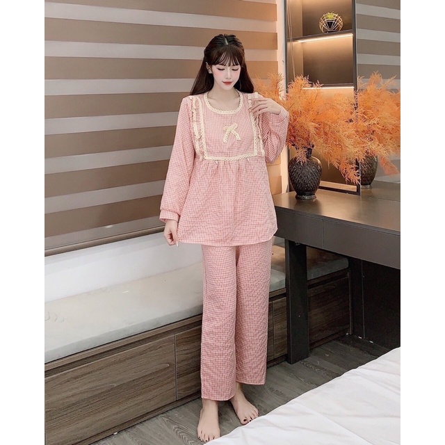 Bộ pijama Hoạ tiết kẻ ô phối ren dành cho bầu và sau sinh mặc nhà siêu thoải mái