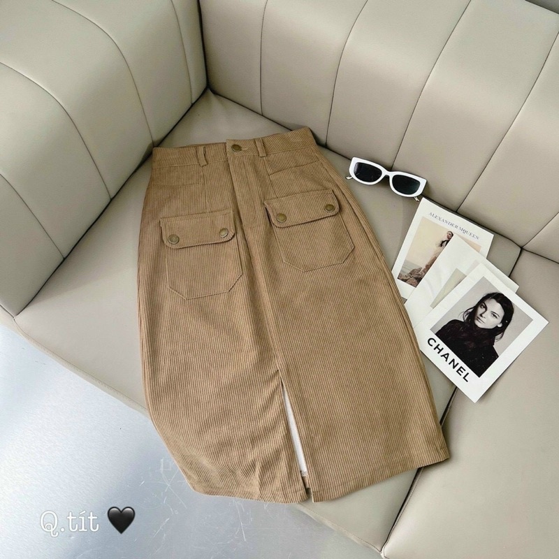 Chân váy nhung tăm xẻ tà vạt trước chữ A khuy đóng siêu hót