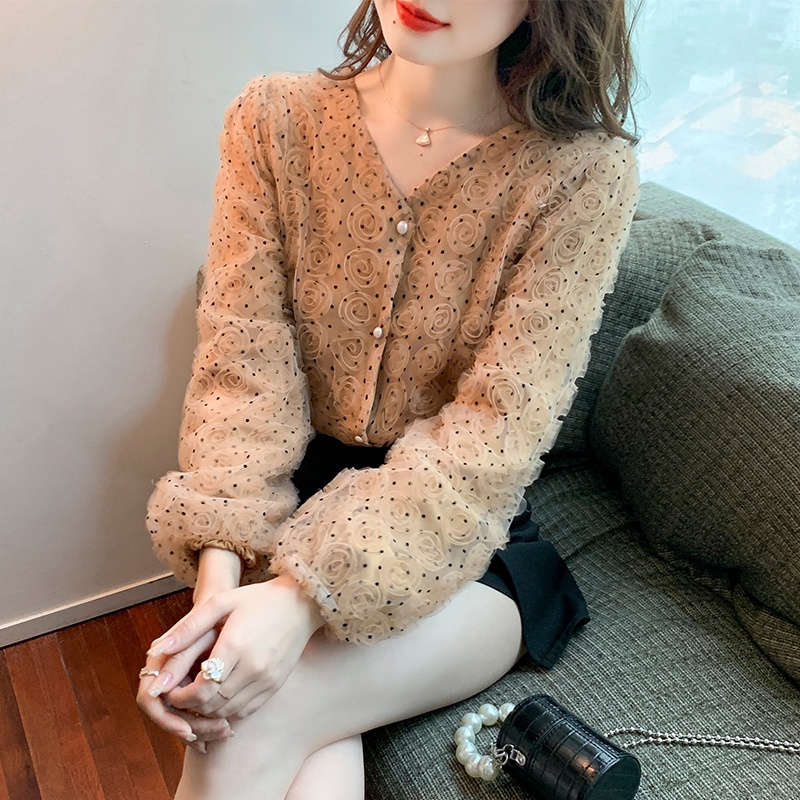 Áo Sơ Mi Cổ Chữ V Phối Ren Hoa Ba Chiều Thời Trang Mùa Xuân K4444 2022