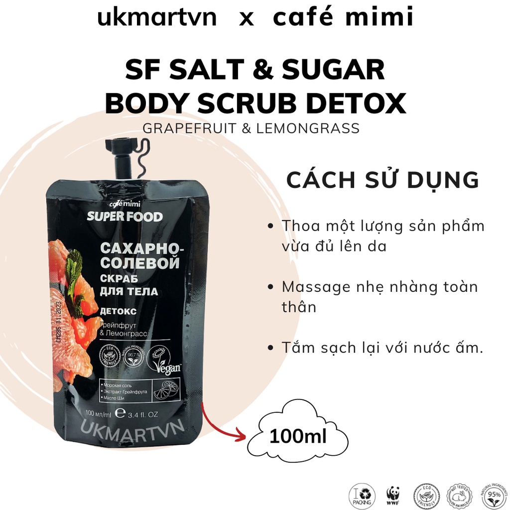Muối Tẩy Tế Bào Chết Sáng Mịn Toàn Thân CAFÉ MIMI Super Food Salt &amp; Sugar Body Scrub Detox 100ml