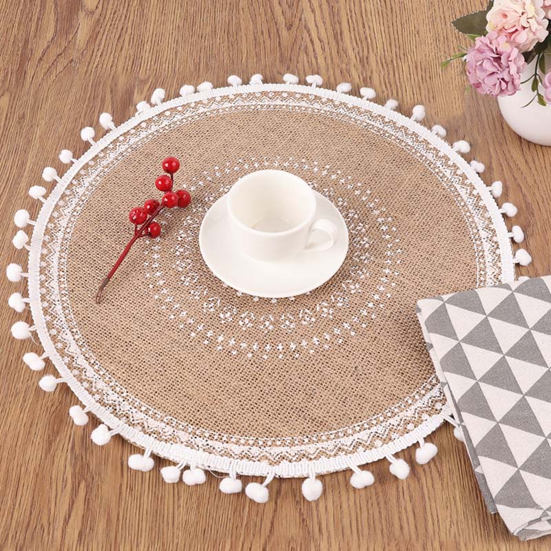 Tấm lót bàn ăn hình tròn bằng vải lanh cách nhiệt có tua rua