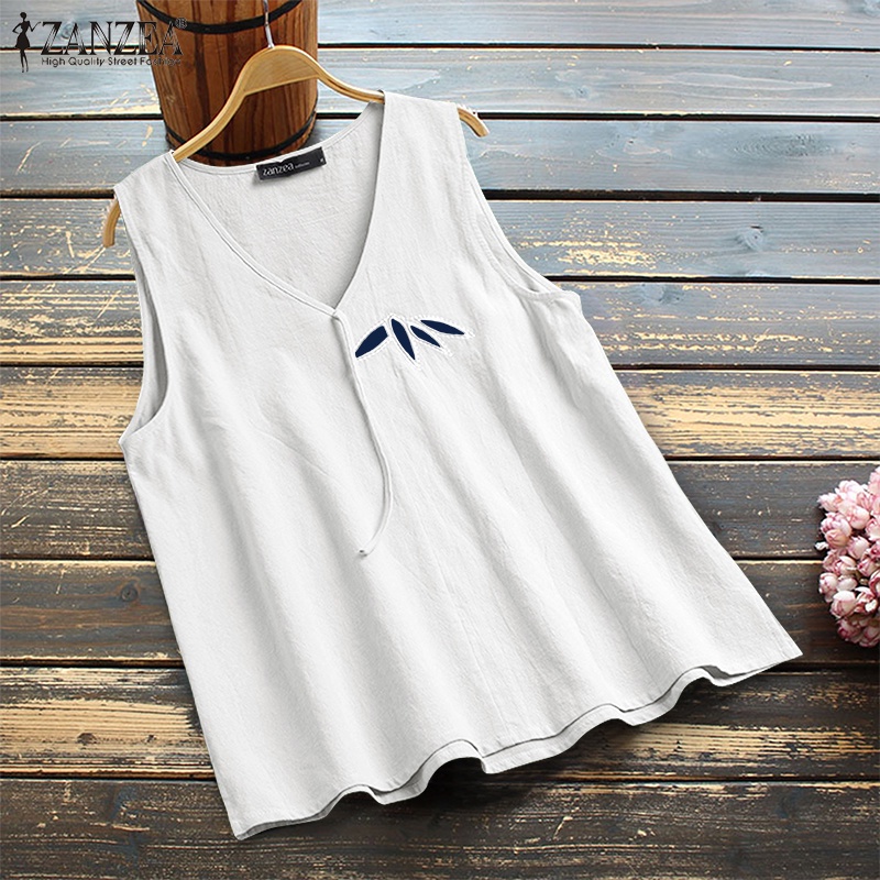 ZANZEA  Áo không tay cổ tròn thêu lá phong cách thường ngày cho nữ | BigBuy360 - bigbuy360.vn