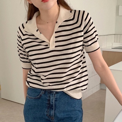 QADCOL Áo thun tay ngắn họa tiết kẻ sọc thời trang cho nữ