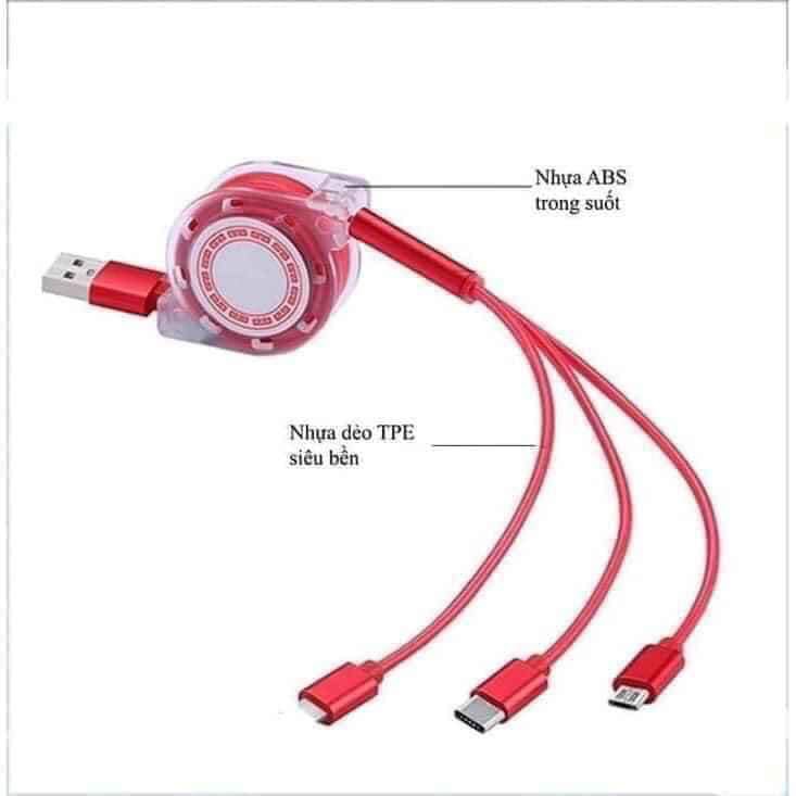 Sạc 3 Đầu Dây Rút 3in1 SAMSUNG. OPPO, IPHONE Dây TPE Lõi Đồng Siêu Bền 100cm