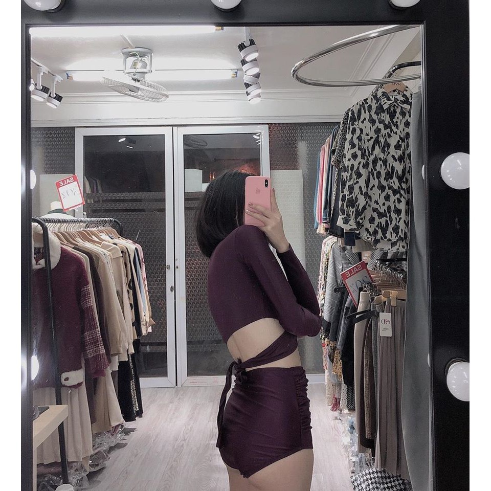 Bikini bộ bơi đồ bơi đi biển tay dài quần nhún lưng cao kín đáo che khuyết điểm (màu nho) EVA shop TDDCT