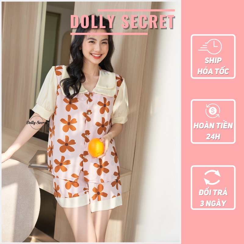 Bộ đồ mặc nhà cộc tay Pijama tay bồng lụa mango họa tiết mùa thu Hàn Quốc DOLLY SECRET CC14
