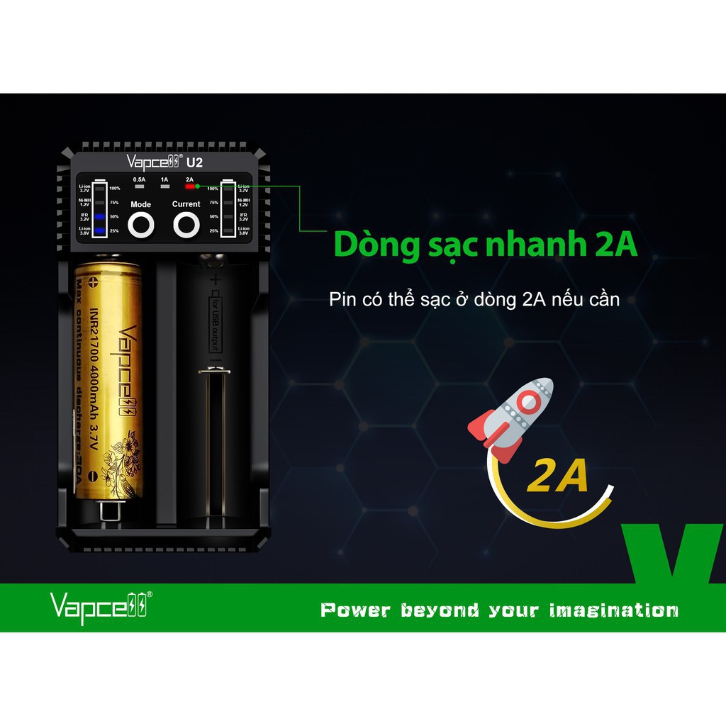 Sạc đôi dự phòng thông minh VAPCELL U2 dòng sạc nhanh 2A có màn hình hiển thị dung lượng