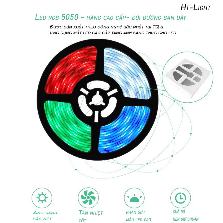 (HÀNG CAO CẤP) Bộ đèn LED dây dán không siliocon đổi 7 màu V-L-D-RGB +Nguồn+Khiển- Nháy theo nhạc - App - HT_Light