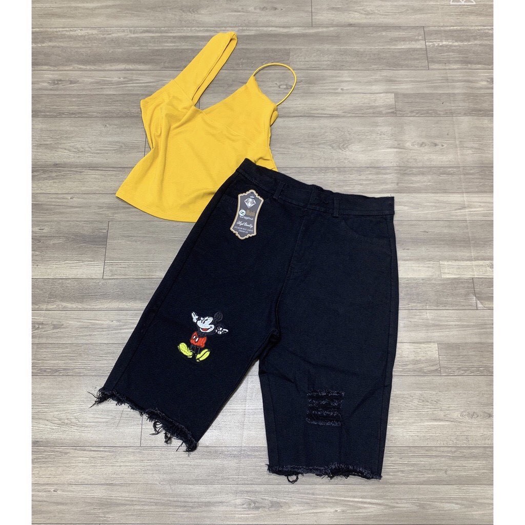 Ảnh Thật Quần ngố ôm body thêu hình chuột Micky đỏ chất kaki co giãn thoải mái đủ size siêu hot