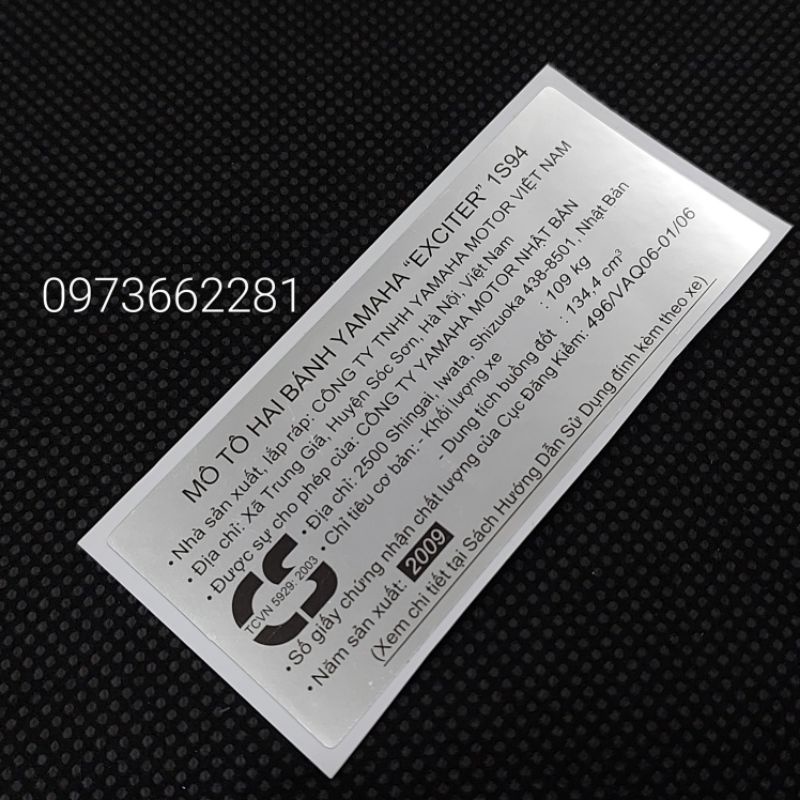 Tem dán càng gắp EXCITER 2009.1S94, Tem thông số năm Sản xuất 135