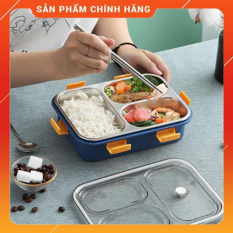 CHÍNH HÃNG - Hộp cơm văn phòng inox 3 ngăn giữ nhiệt 7059, Khay đựng cơm inox 3 ngăn có nắp giữ nhiệt