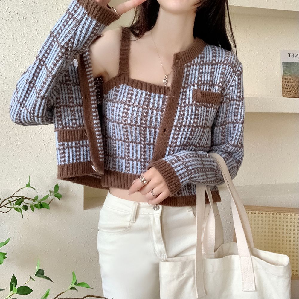 Áo len kẻ sọc croptop hai mảnh áo khoác cardigan dáng dài dệt kim