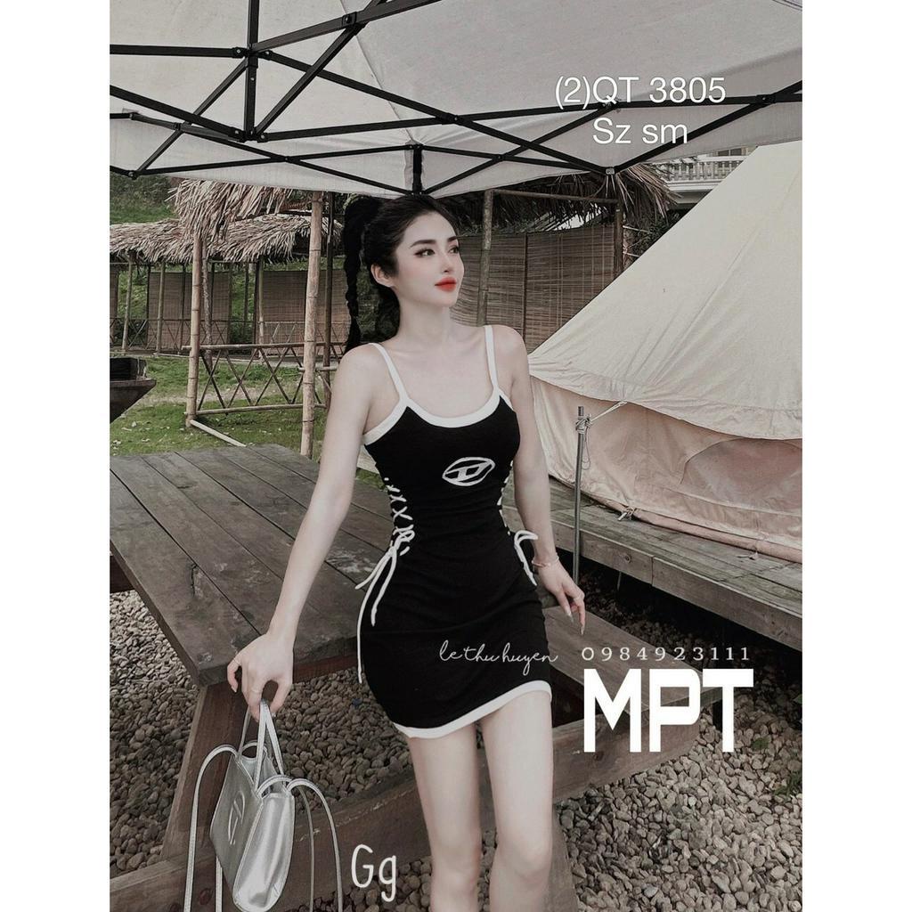 Đầm 2 dây nữ chất thun gân dáng ngắn ôm body kiểu đan dây rút 2 bên eo in chữ D xinh xắn