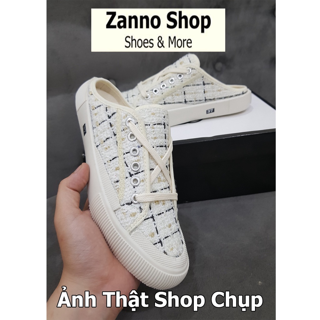 Giày Sục Đạp Gót Thể Thao Nữ Z Vải Dạ Siêu Đẹp Màu Kem Kẻ Đen Và Kim Tuyến Vàng Óng Ánh