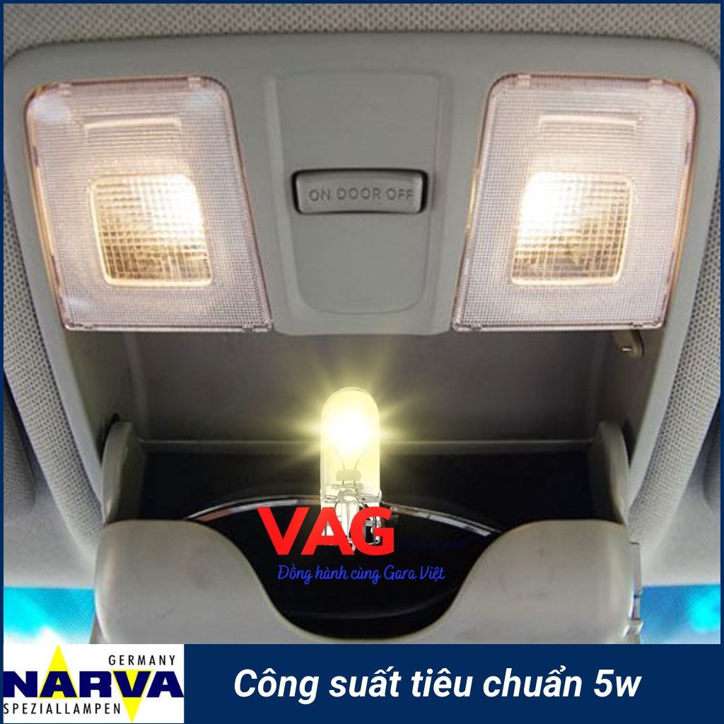 Bóng đèn trần, soi biển số, cốp, taplo, cửa chân cắm W5W 12V 5W chính hãng NARVA từ Đức