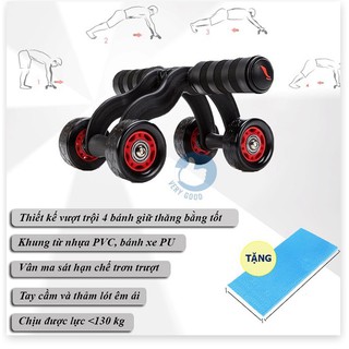 Con Lăn tập bụng 4 bánh cao cấp (tặng thảm lót gối), con lăng tập gập cơ bụng