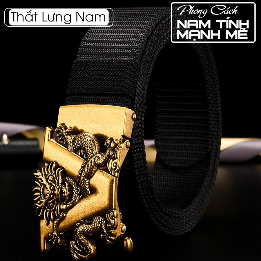 Thắt lưng nam vải dù chỉnh dây tự động khóa kim loại mạ vàng hình rồng-bầy sói-chim ó-dây 115 cm bền đẹp