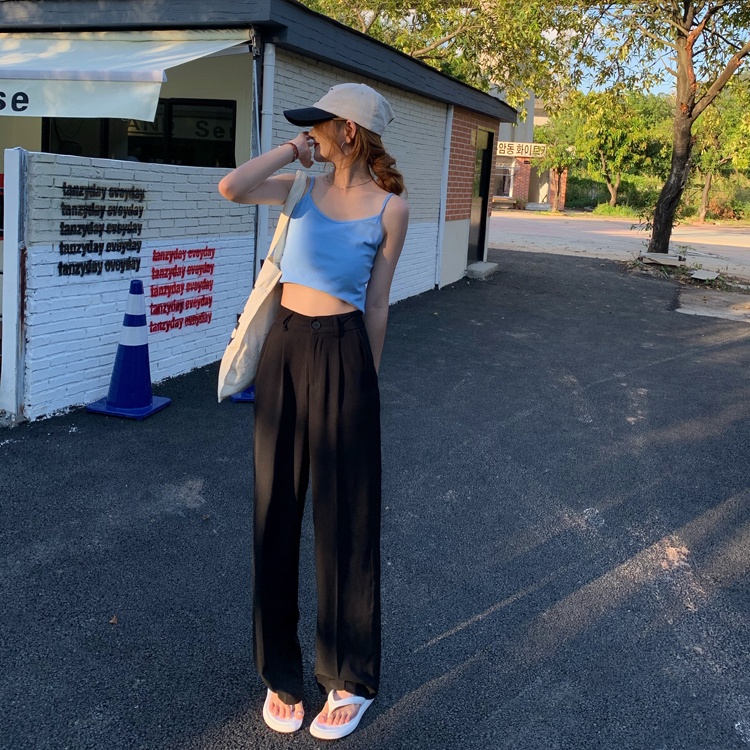 SUXI Quần ống rộng Lưng Cao Phong Cách Hàn Quốc Cho Nữ