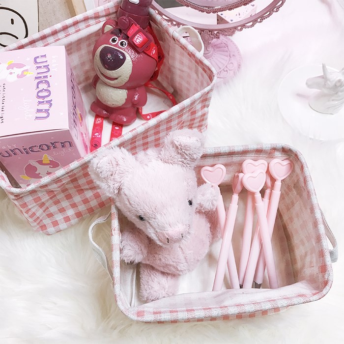 Giỏ vải để bàn đựng đồ cá nhân caro hồng zakka