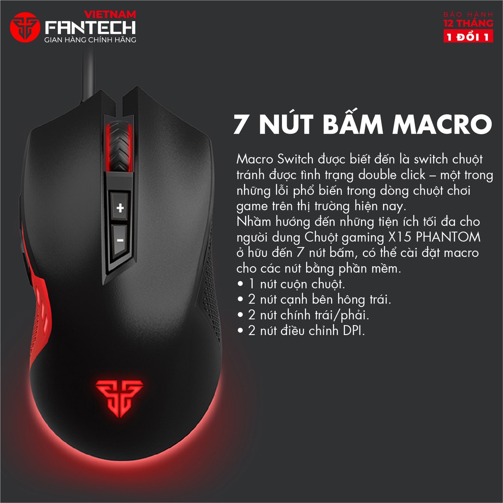 Chuột Gaming Có Dây FANTECH X15 PHANTOM 4800DPI LED RGB 16,8 Triệu Màu 7 Phím Macro - Hãng Phân Phối Chính Thức