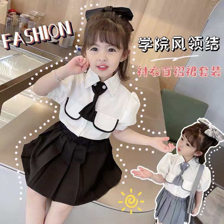 Set Áo Sơ Mi Phối Chân Váy Cho Bé Gái Đi Học, Đi Chơi