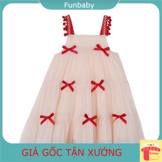 Váy hai dây bé gái 2-7 tuổi đính nơ đỏ, Đầm hè trẻ em