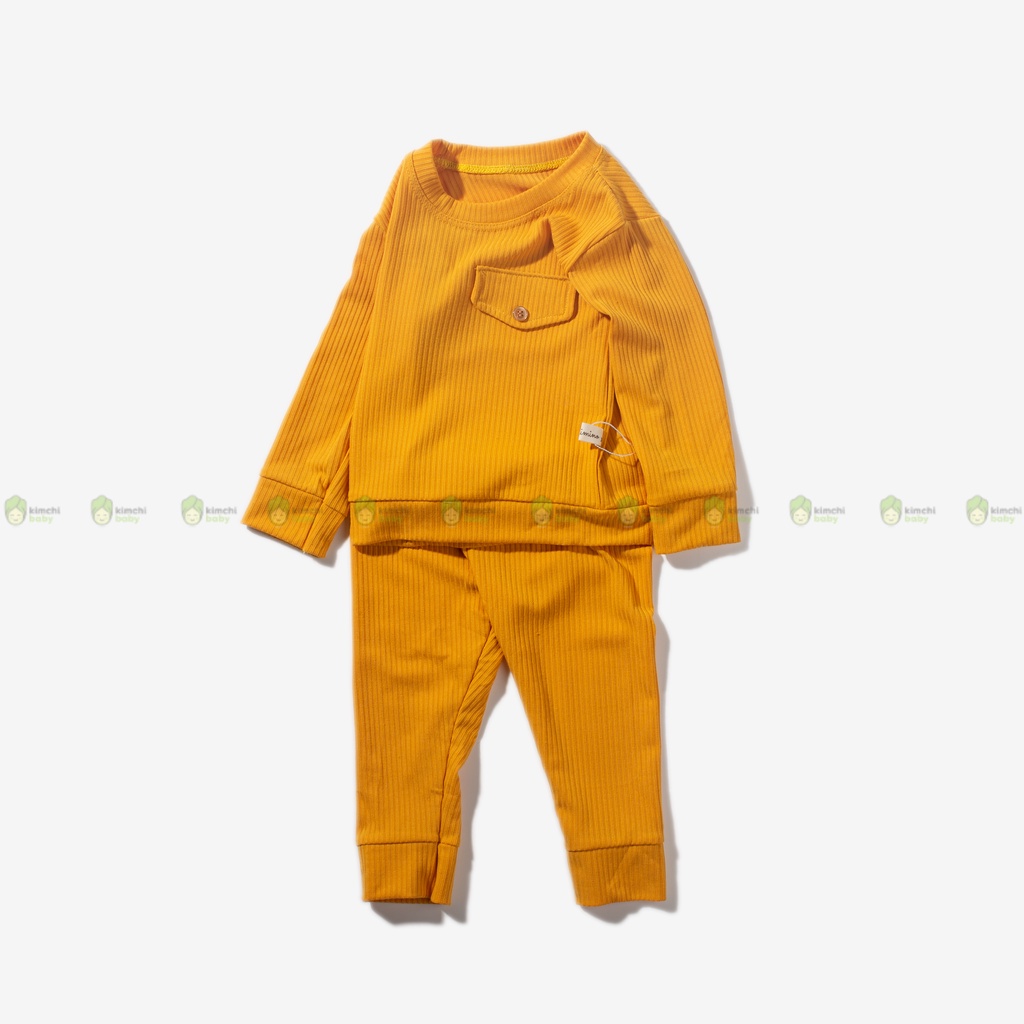 Bộ Dài Tay Thun Gân Cho Bé Trai, Bé Gái KIMCHIBABY Đính Cúc Nắp Ngực, Đồ Bộ Mặc Nhà Cho Bé Thu Đông KWTD22116