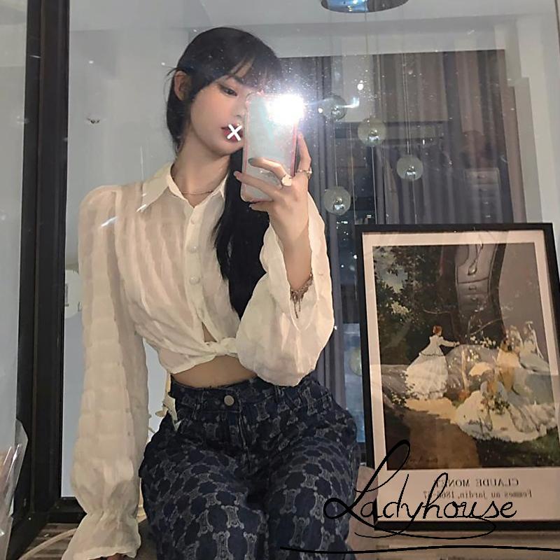 Áo croptop tay phồng dài hở lưng màu sắc đơn giản dành cho nữ