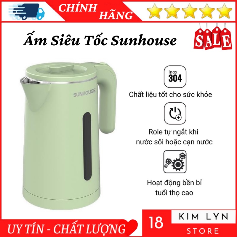 Ấm Siêu Tốc Sunhouse , Bình Siêu Tốc Innox 2 Lớp Cao Cấp Đun Nước Siêu Nhanh - Bảo Hành 12 Tháng