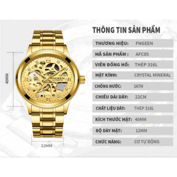Đồng Hồ Cơ Nam Fngeen 6018 Đính Đá Sang Trọng Chống Nước, bảo hành 12 tháng