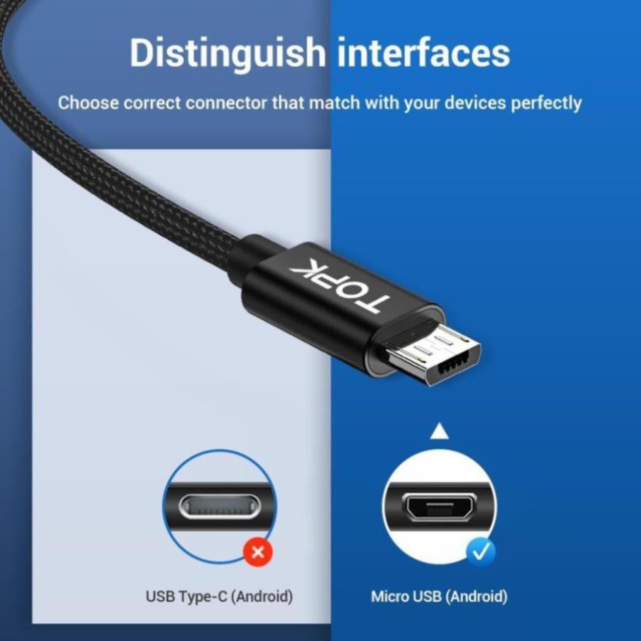 Cáp sạc thương hiệu TOPK AN18 cổng TypeC và Micro USB  2.4A 1m TPHCM