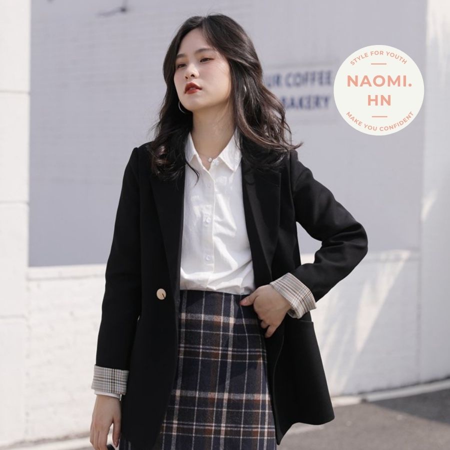 Áo blazer 2 lớp xắn gấu tay kẻ form đẹp dày dặn. Áo Vest nữ 2 lớp dài tay thiết kế form rộng tay dài pha kẻ