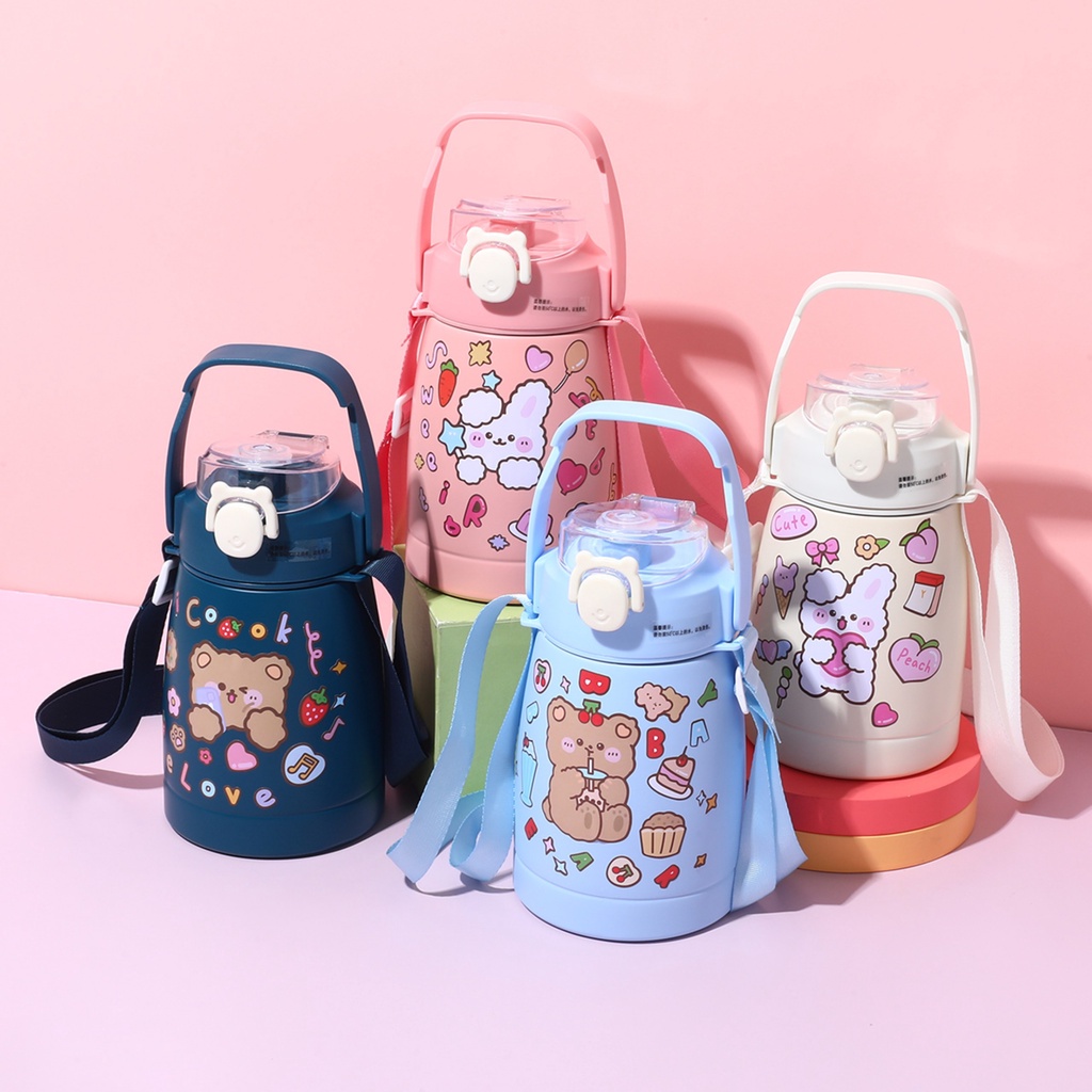 [KÈM DÂY ĐEO] Bình nước cho bé, Bình giữ nhiệt 800ml/900ml kèm Stiker dễ thương cho bé bằng inox 304 chống gỉ