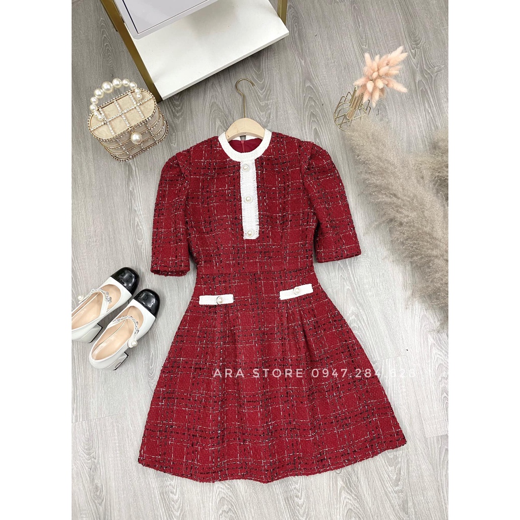 Váy đỏ dạ Tweet thiết kế cao cấp xòe cực tôn dáng Ara V7 | BigBuy360 - bigbuy360.vn
